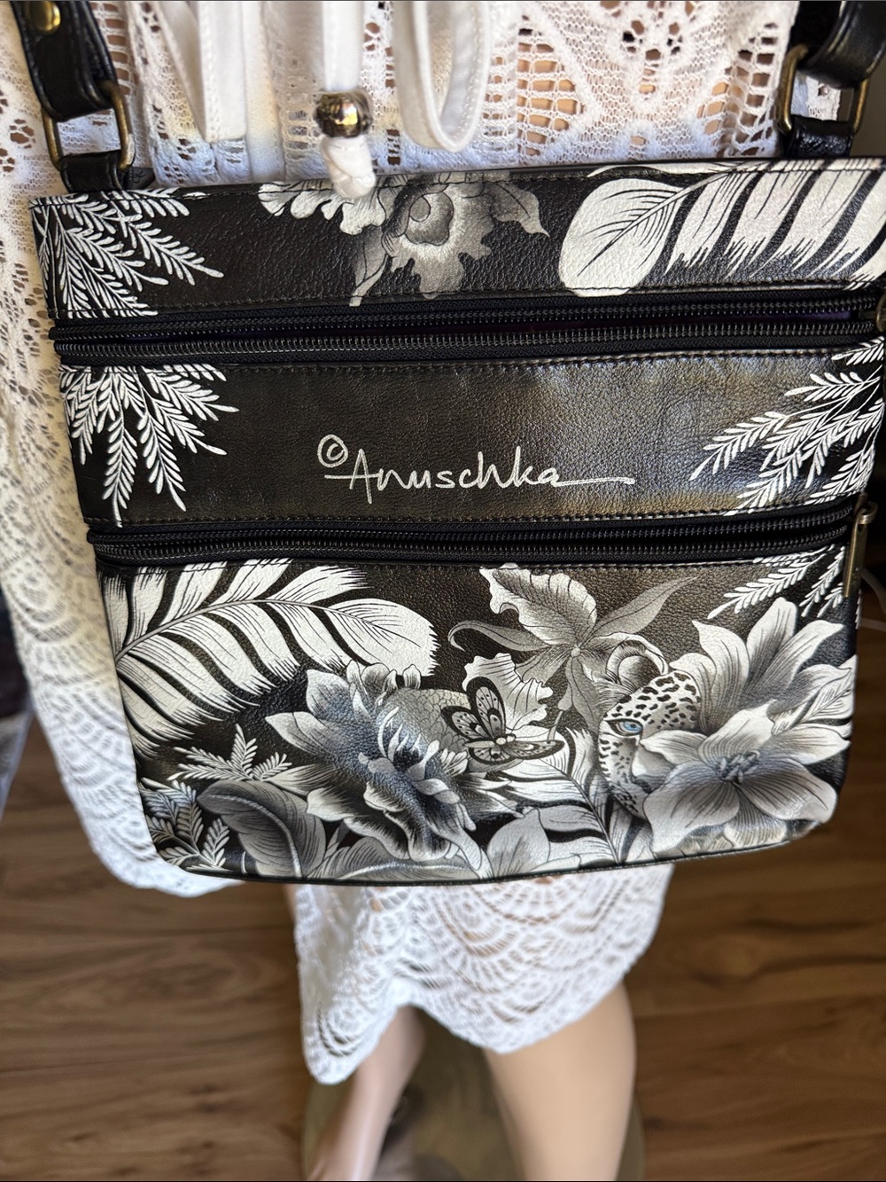 Anuschka Black & White Floral Painted Crossbody Bag P 12
